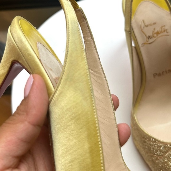 🌺CHRISTIAN LOUBOUTIN 🌺 Yellow Satin Glitter Accents Slingback pumps size: 37 - Picture 15 of 17